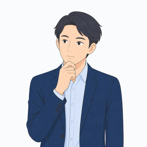 顎に手を当てて考える男性会社員のイラスト