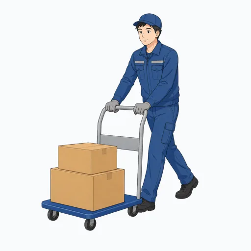 台車を押す男性倉庫作業員のイラストのイラスト