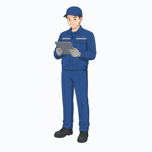 タブレットで在庫確認する男性倉庫作業員のイラストのイラスト