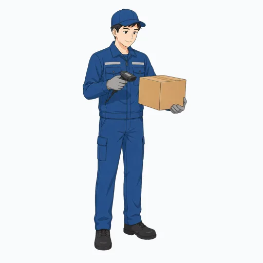 バーコードを読み取る男性倉庫作業員のイラストのイラスト
