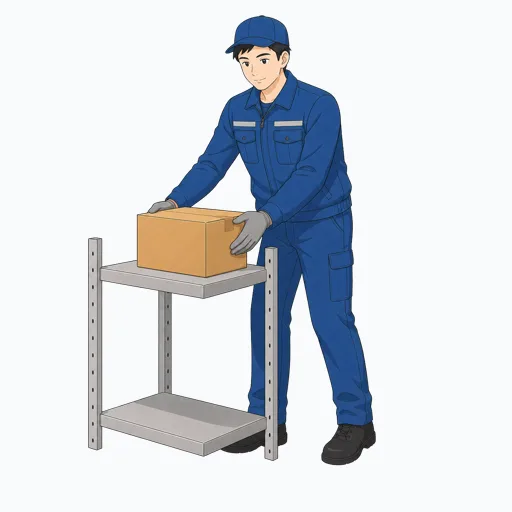 棚に箱を置く男性倉庫作業員のイラストのイラスト
