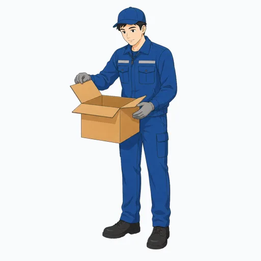 段ボール箱を開ける男性倉庫作業員のイラストのイラスト