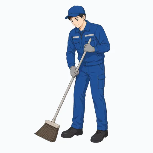 ほうきで作業場所を清掃する男性倉庫作業員のイラスト