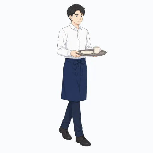 料理を載せたトレーを運ぶ飲食店スタッフのイラストのイラスト