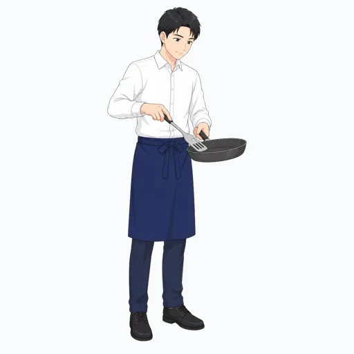 フライパンで調理する飲食店スタッフのイラストのイラスト