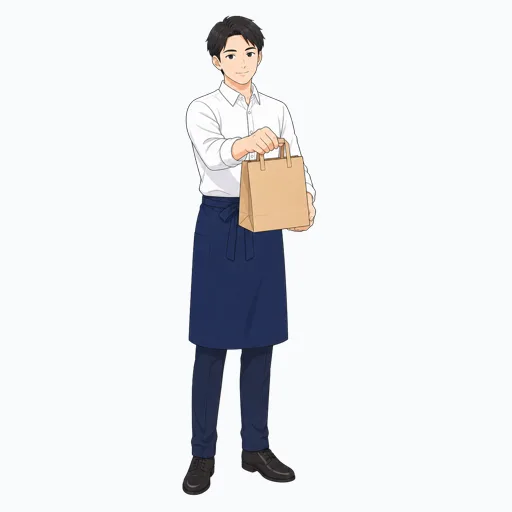 テイクアウト袋を渡す飲食店スタッフのイラスト
