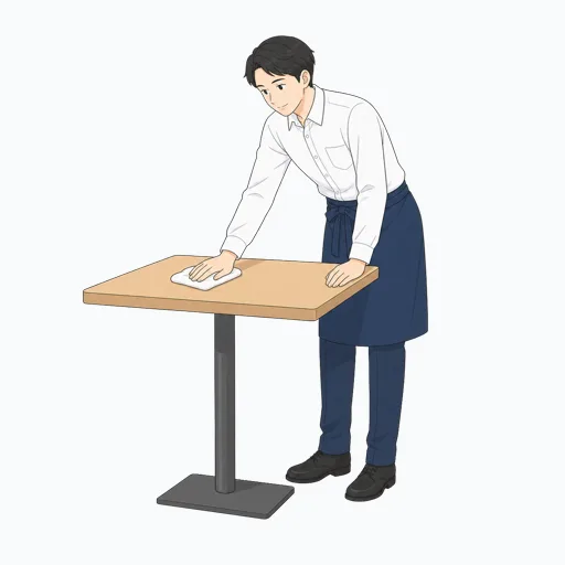 テーブルを拭く飲食店スタッフのイラストのイラスト