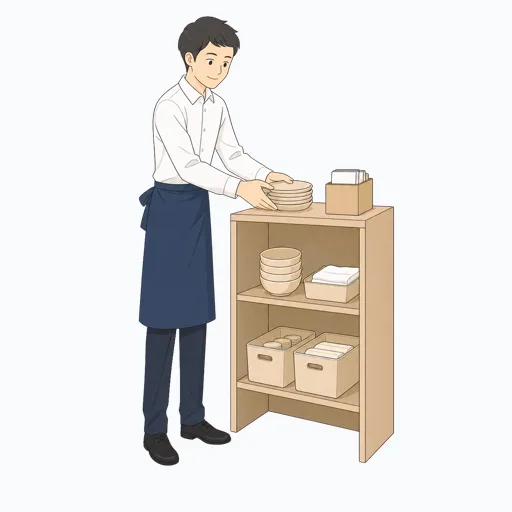 棚に備品を補充する飲食店スタッフのイラストのイラスト