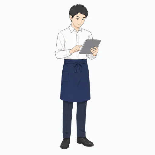 タブレットで在庫確認する飲食店スタッフのイラストのイラスト