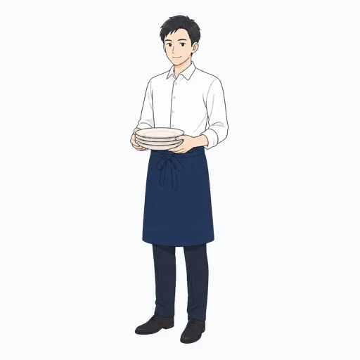 食器を重ねて運ぶ飲食店スタッフのイラスト