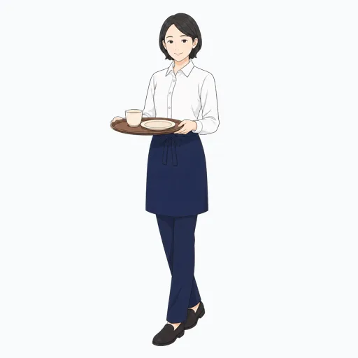 料理を載せたトレーを運ぶ女性飲食店スタッフのイラストのイラスト