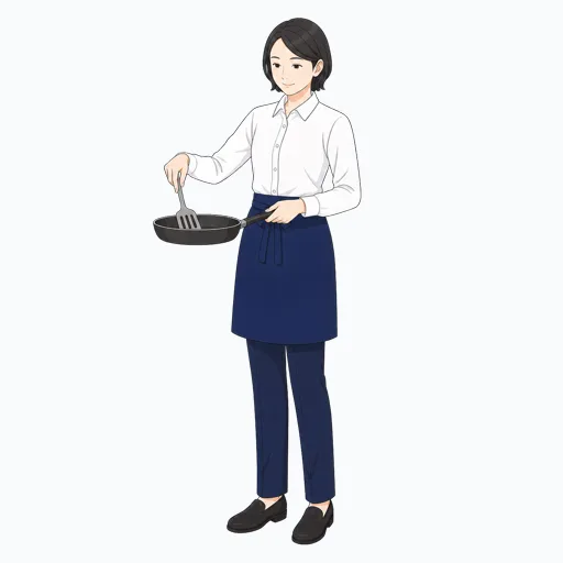 フライパンで調理する女性飲食店スタッフのイラストのイラスト