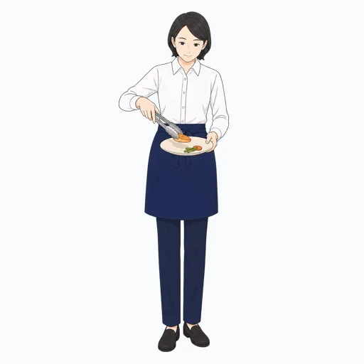 料理を盛り付ける女性飲食店スタッフのイラスト