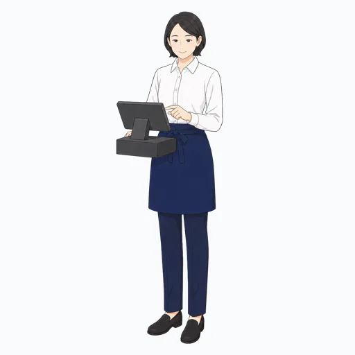 レジで会計する女性飲食店スタッフのイラスト