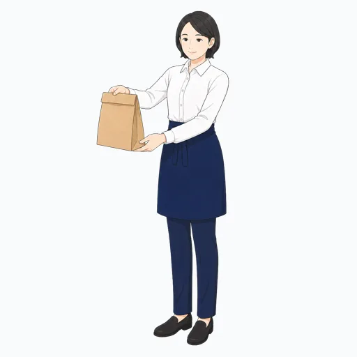 テイクアウト袋を渡す女性飲食店スタッフのイラスト