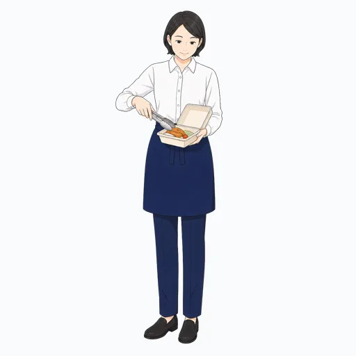 テイクアウト容器に詰める女性飲食店スタッフのイラストのイラスト