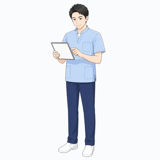 タブレットで介護記録を確認する介護スタッフのイラストのイラスト