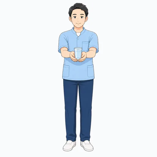 水の入ったコップを差し出す介護スタッフのイラストのイラスト