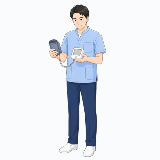 血圧計を確認する介護スタッフのイラストのイラスト