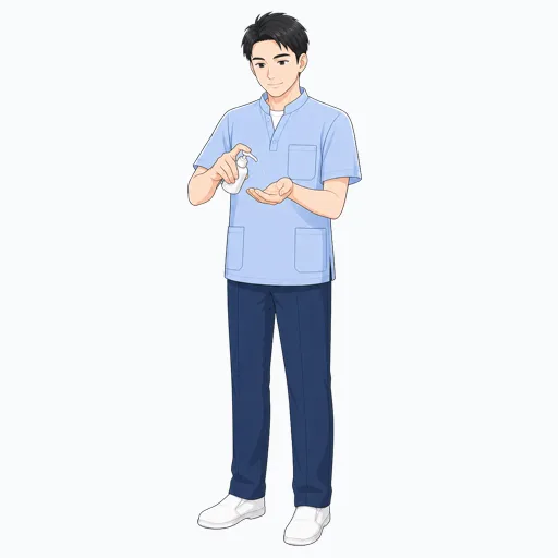 手指消毒をする介護スタッフのイラストのイラスト