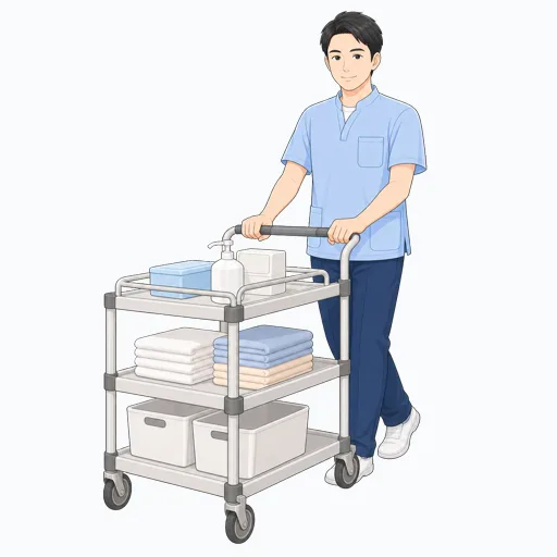 介護カートを押す介護スタッフのイラストのイラスト