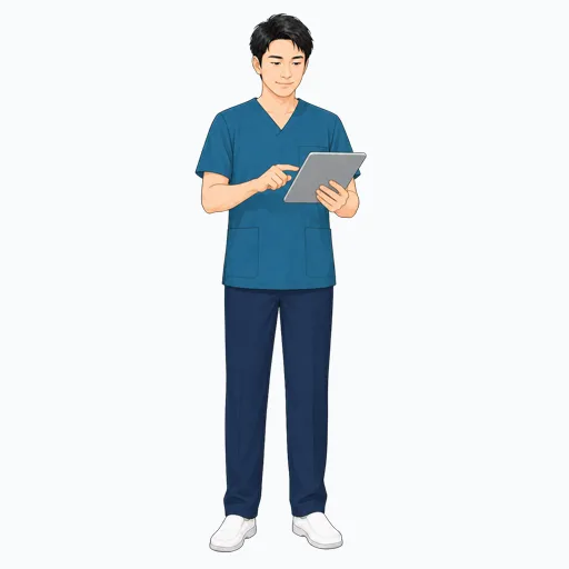 タブレットで情報を確認する男性医療スタッフのイラスト