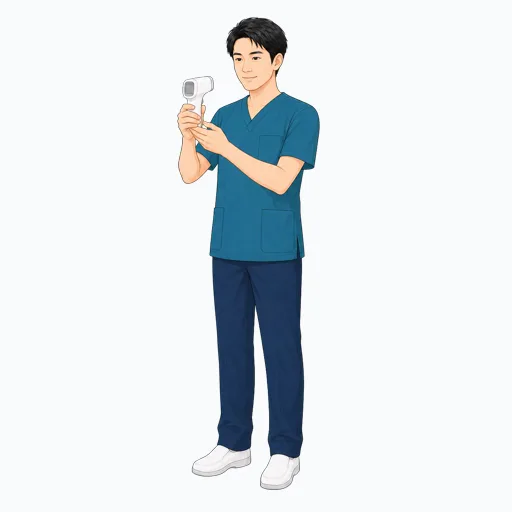 体温計を確認する男性医療スタッフのイラスト