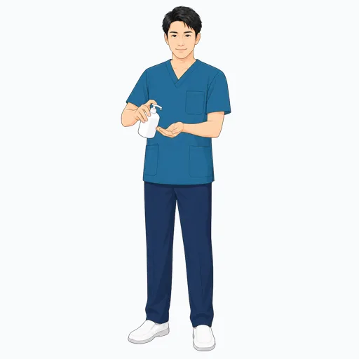 手指消毒をする男性医療スタッフのイラスト