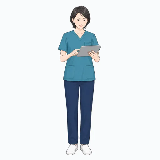 タブレットで情報を確認する女性医療スタッフのイラストのイラスト