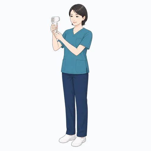 体温計を確認する女性医療スタッフのイラスト