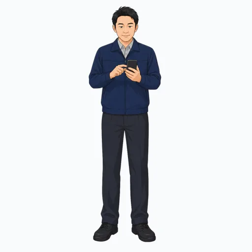 スマートフォンで配送先を確認する男性配送スタッフのイラストのイラスト