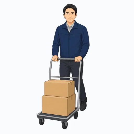 台車を押す男性配送スタッフのイラスト