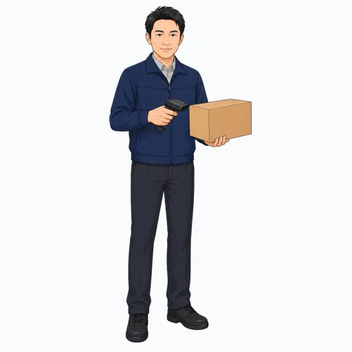 荷物をスキャンする男性配送スタッフのイラスト