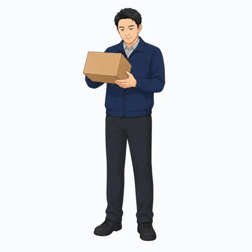 荷物の状態を確認する男性配送スタッフのイラストのイラスト