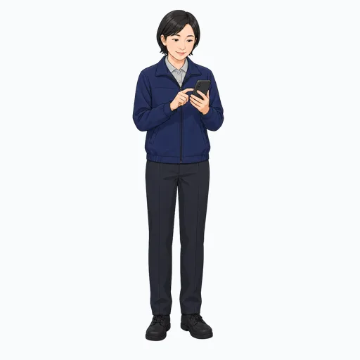 スマートフォンで配送先を確認する女性配送スタッフのイラストのイラスト