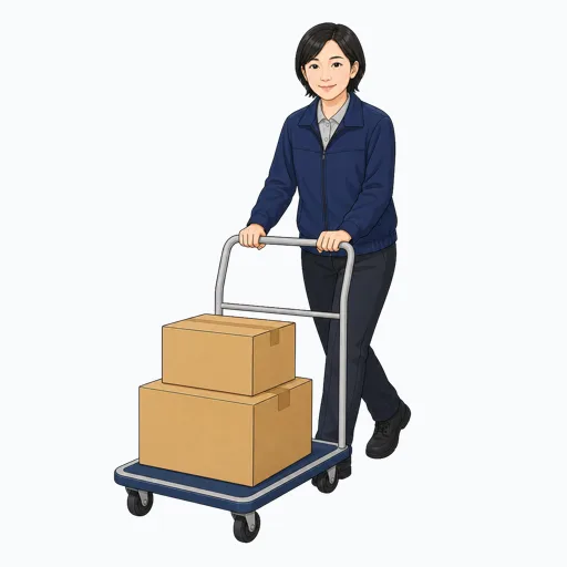台車を押す女性配送スタッフのイラスト
