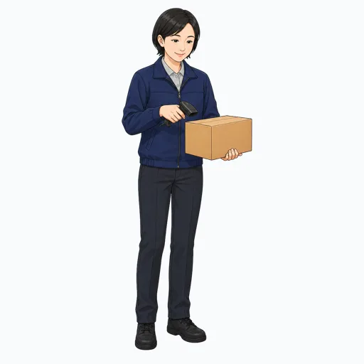 荷物をスキャンする女性配送スタッフのイラストのイラスト