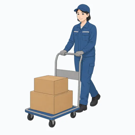 台車を押す女性倉庫作業員のイラスト