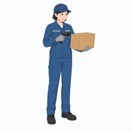 バーコードを読み取る女性倉庫作業員のイラストのイラスト