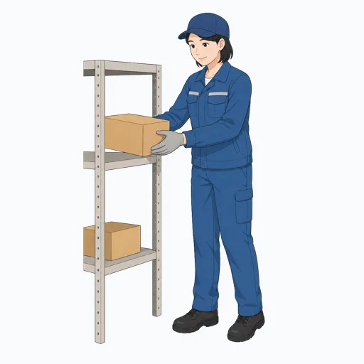 棚から商品を取り出す女性倉庫作業員のイラストのイラスト
