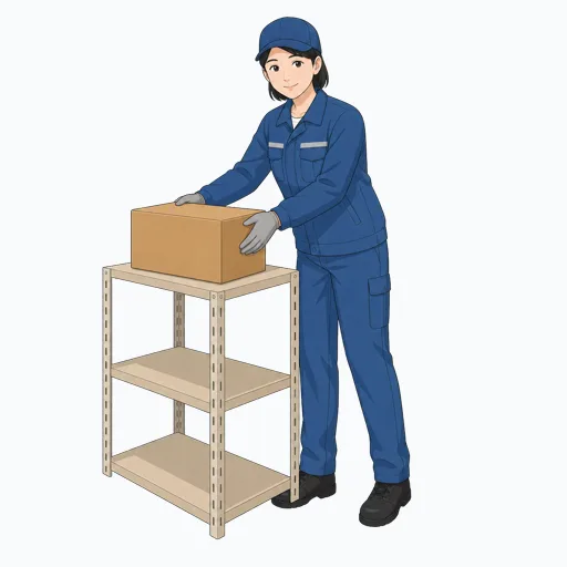 棚に箱を置く女性倉庫作業員のイラストのイラスト