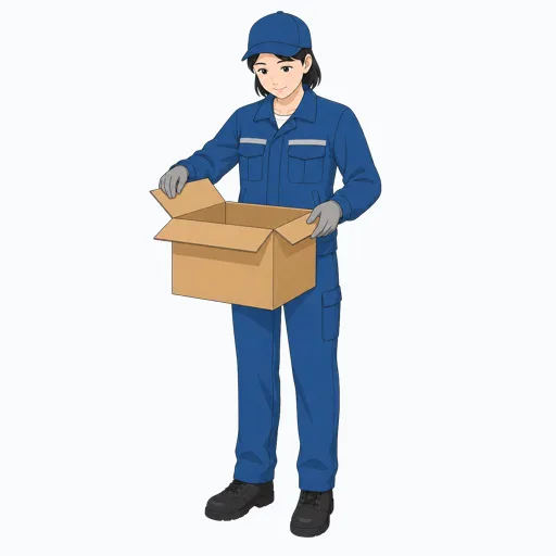 段ボール箱を開ける女性倉庫作業員のイラスト
