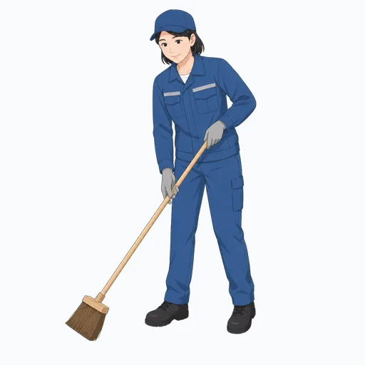 ほうきで作業場所を清掃する女性倉庫作業員のイラスト