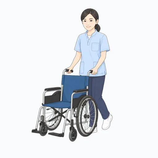 車椅子を押す女性介護スタッフのイラスト