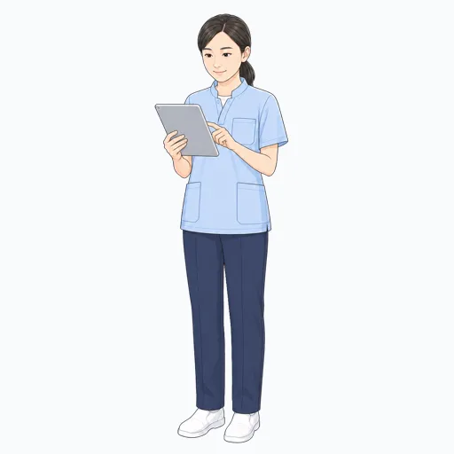 タブレットで介護記録を確認する女性介護スタッフのイラスト