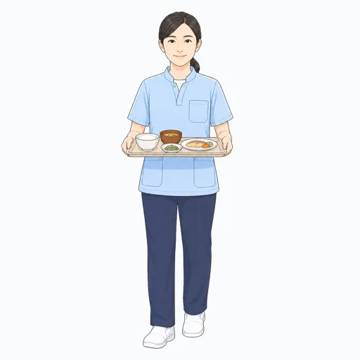 食事トレーを運ぶ女性介護スタッフのイラストのイラスト