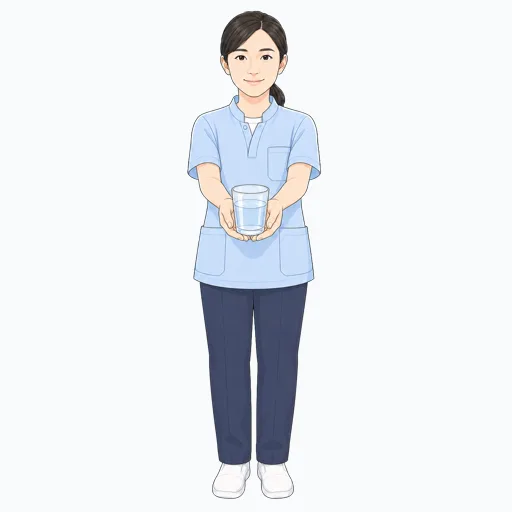 水の入ったコップを差し出す女性介護スタッフのイラスト
