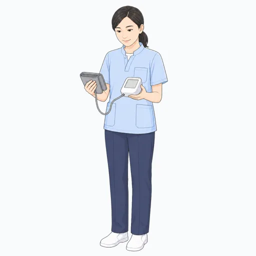 血圧計を確認する女性介護スタッフのイラスト