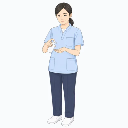 手指消毒をする女性介護スタッフのイラスト