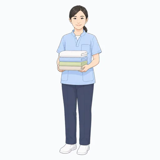 タオルを運ぶ女性介護スタッフのイラスト